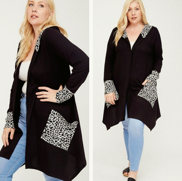 Sweaters - PlusLeopard Accent Hooded Long Open front cardigan